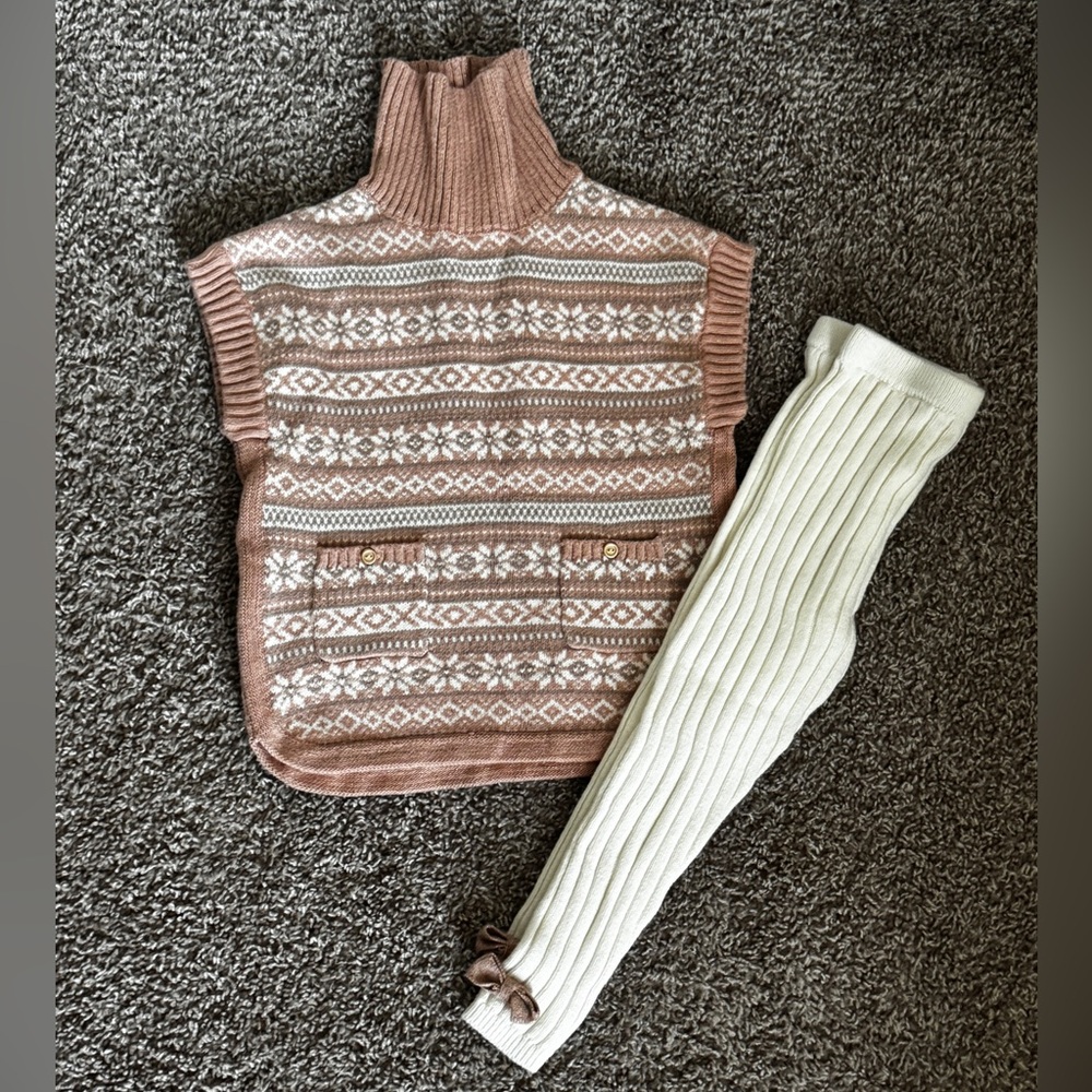 Sleeveless Fair Isle Turtleneck Sweater Poncho in Dusty Rose and Cream